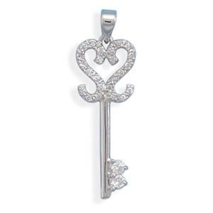NWT - Sterling Rhodium Plated Key Pendant with CZ Heart